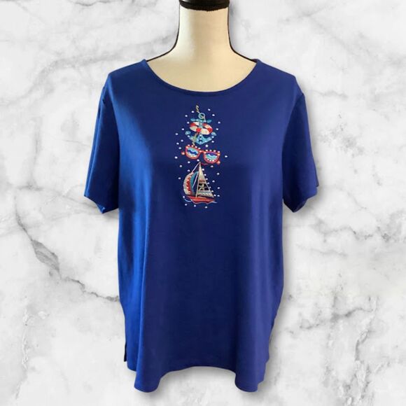 Quacker Factory Gone Sailing Short Sleeve Top Women's 1X in Nautical Blue - Picture 1 of 10